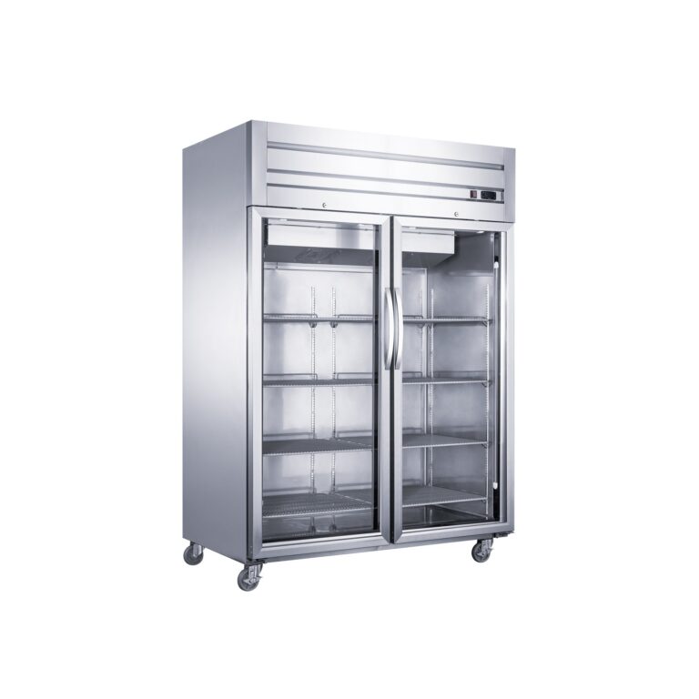 Dukers D55AR-GS2 55 1/8" Unidad Vertical de Refrigeración de Dos Secciones con Puertas Completas de Vidrio, Montaje Superior, Acero Inoxidable, 42.3 pies cúbicos