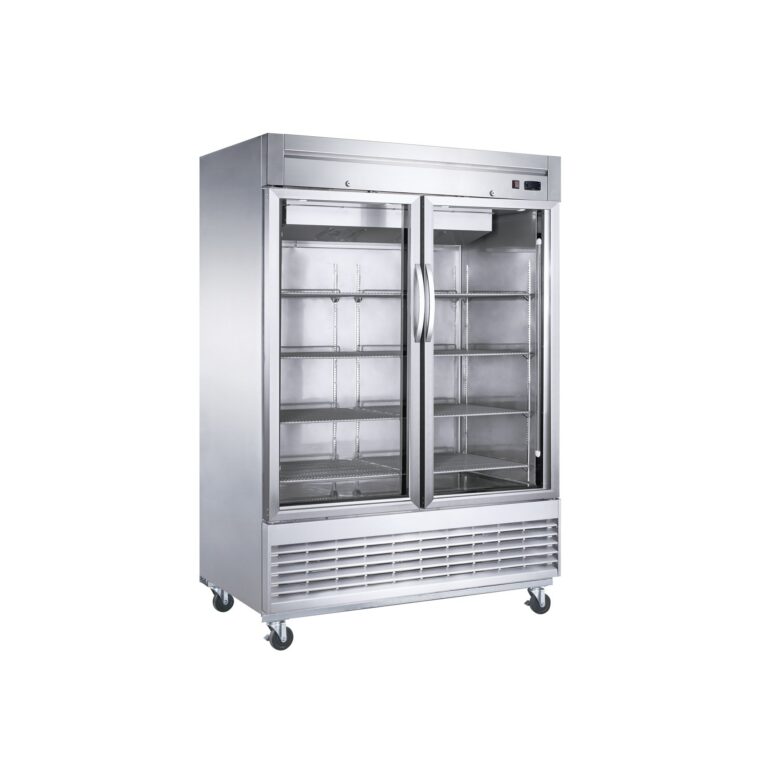 Dukers D55R-GS2 55 1/8" Dos Secciones Refrigerador Vertical con Puertas Completas de Vidrio, Montaje Inferior, Acero Inoxidable, 41.6 Pies Cúbicos