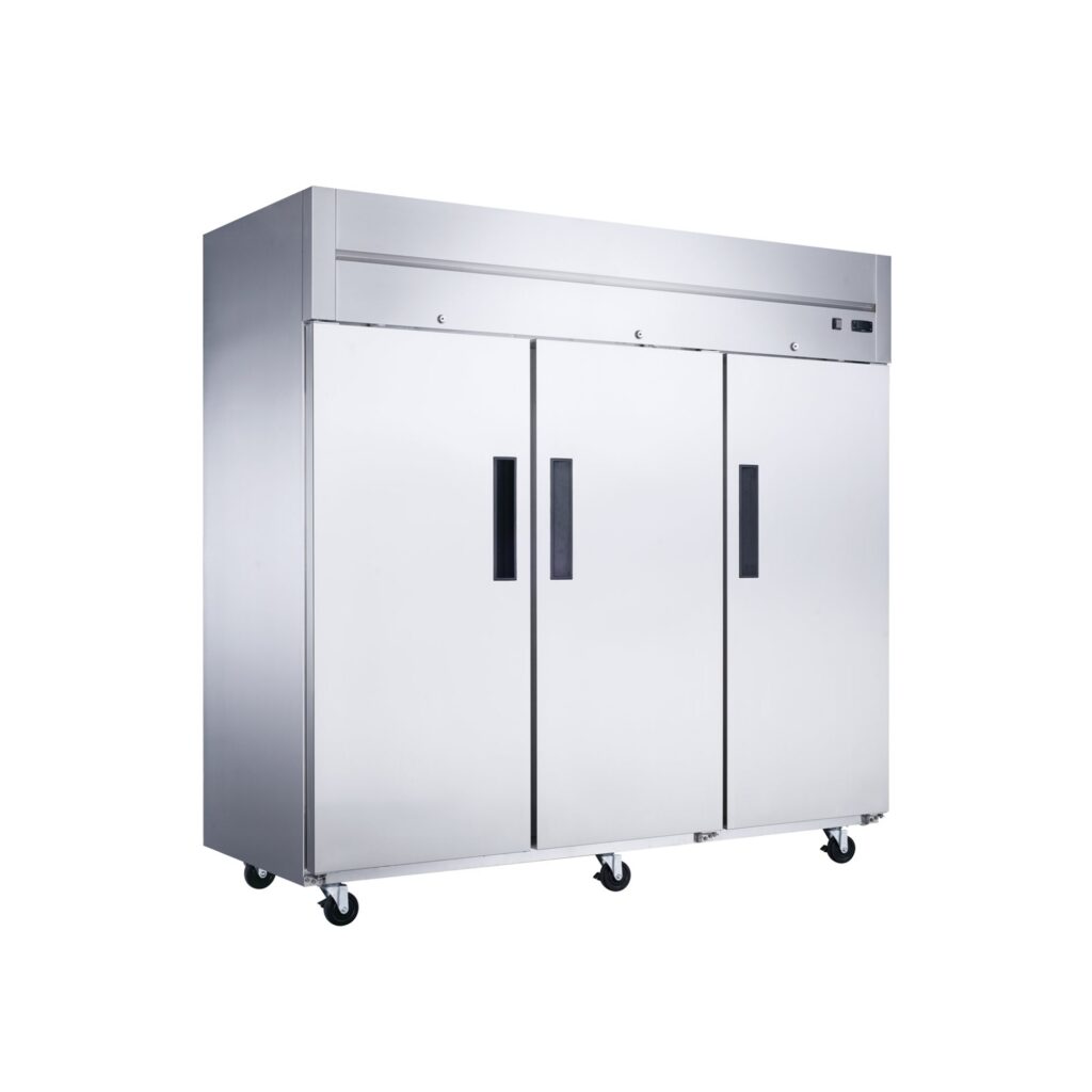 Dukers D83AF 82 5/8″ Three Section Reach-In Freezer with Solid Full Doors, Top Mount, Stainless Steel, 66.2 Cu.Ft.