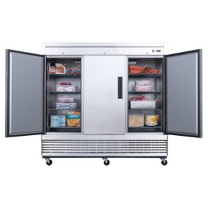 Dukers D83F 82 5/8″ Three Section Reach-In Freezer with Solid Full Doors, Bottom Mount, Stainless Steel, 65.2 Cu.Ft.