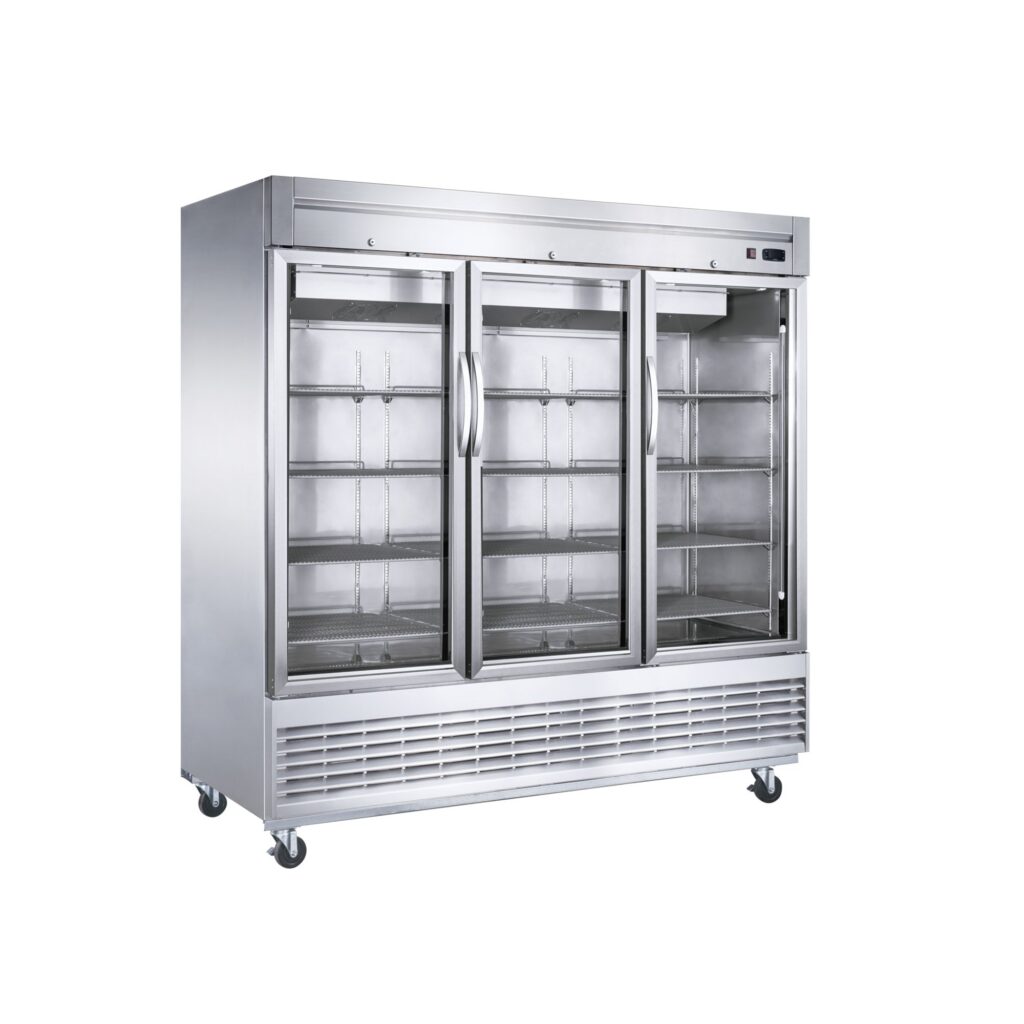 Dukers D83R-GS3 82 5/8″ Three Section Glass Full Door Reach-In Refrigerator, Bottom Mount, Stainless Steel, 65.2 Cu.Ft.