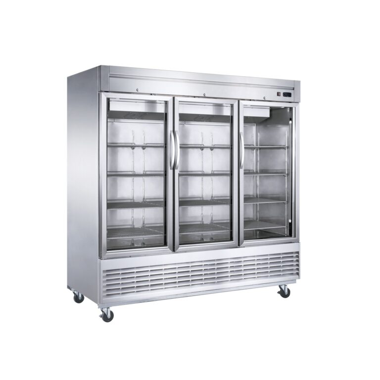 Dukers D83R-GS3 82 5/8" Tres Secciones Refrigerador Vertical con Puertas Completas de Vidrio, Montaje Inferior, Acero Inoxidable, 65.2 Pies Cúbicos