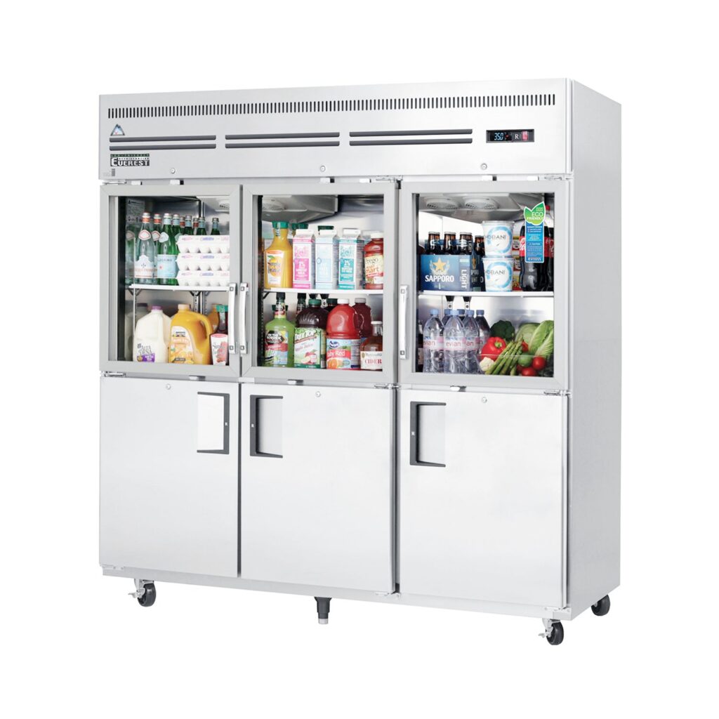 Everest EGSH6 74 3/4″ Stainless Steel Reach-In Refrigerator, 3 Glass & 3 Solid Half Doors, Top Mount