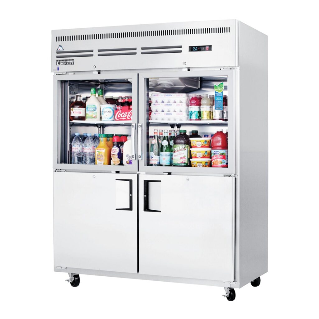 Everest EGSWH4 59″ Stainless Steel Reach-In Refrigerator, 2 Glass & 2 Solid Half Doors, Top Mount