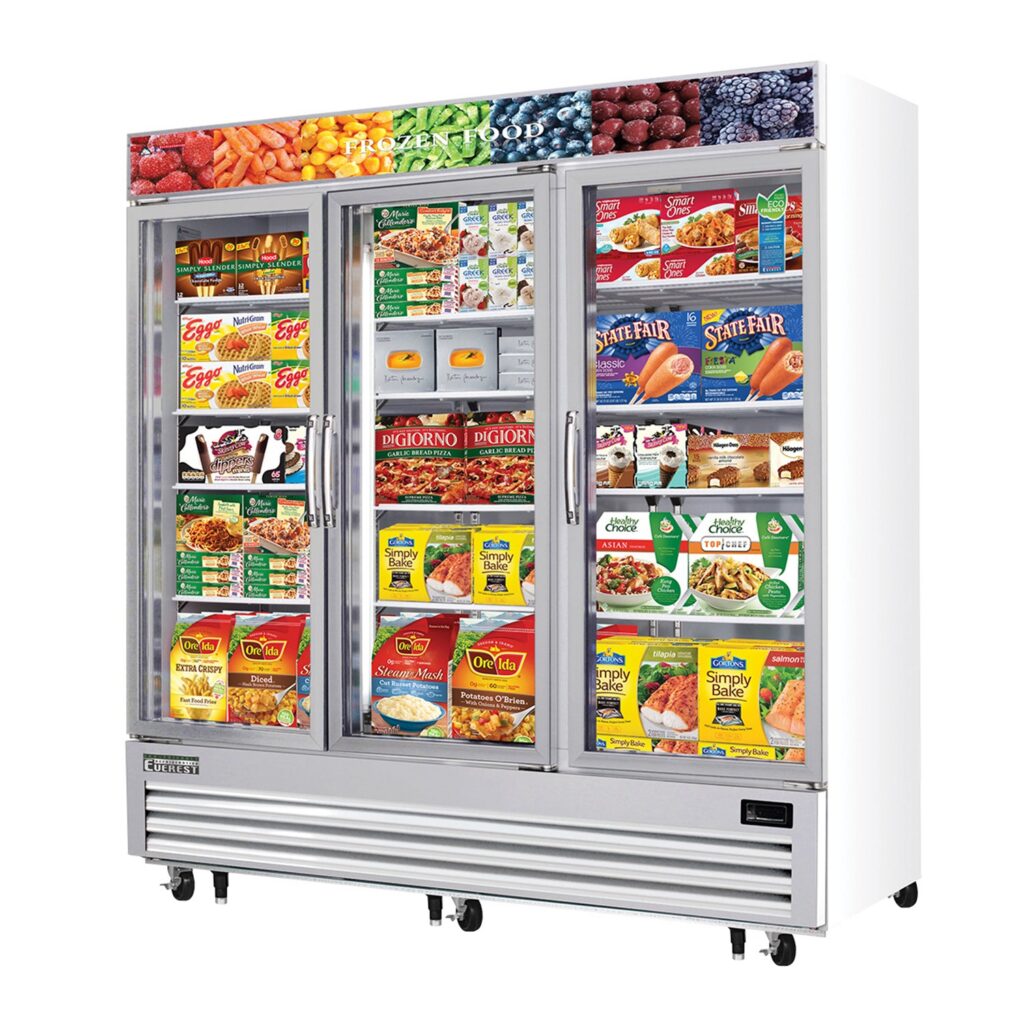 Everest EMGF69 74 3/4″ White 69 cu. ft Merchandiser Freezer, 3 Glass Doors