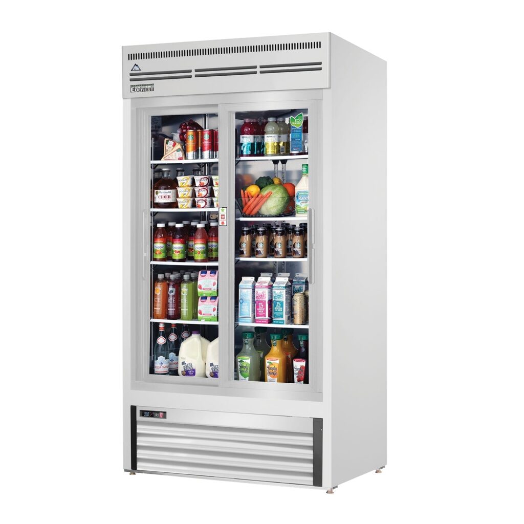 Everest EMGR33-SS 39 3/8″ Stainless Steel 33 cu. ft Merchandiser Refrigerator, 2 Glass Doors