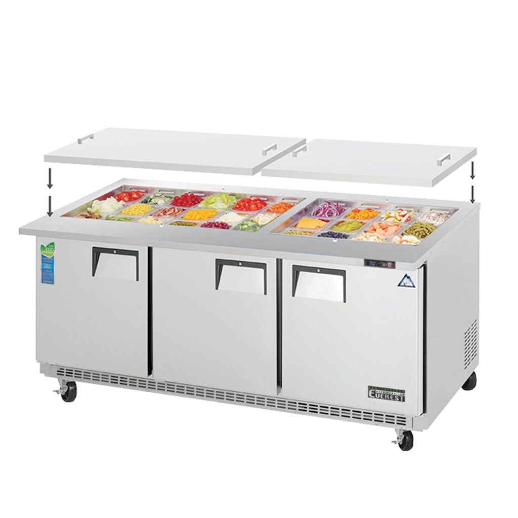 Everest EOTP3 71 1/8″ Stainless Steel Open Top Prep Refrigerator, 3 Solid Doors