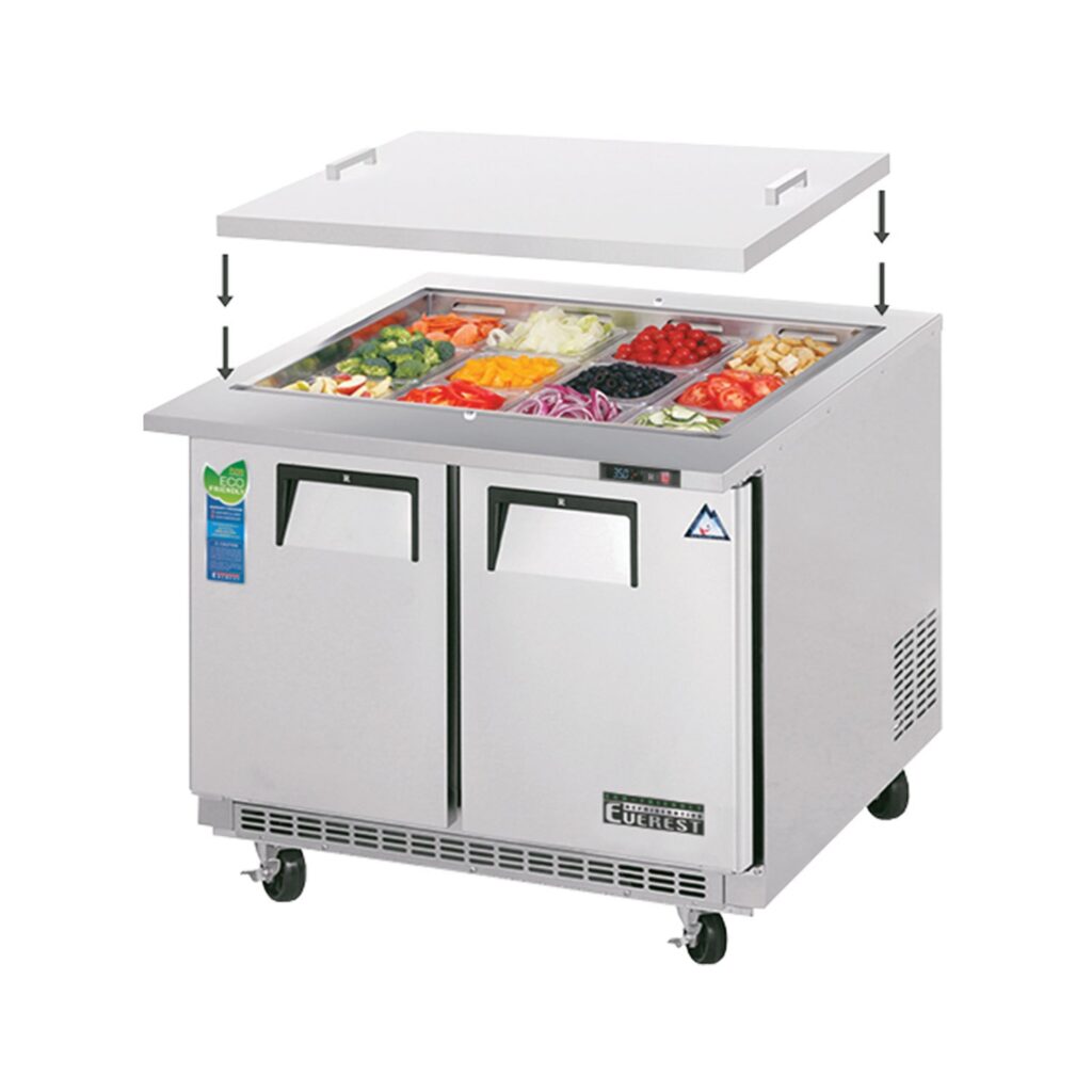 Everest EOTPS2 35 5/8″ Stainless Steel Open Top Prep Refrigerator, 2 Solid Doors