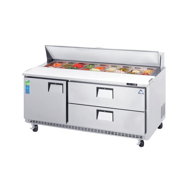 Everest EPBNR3-D2 71 1/8" Acero Inoxidable Mesa de Preparación Refrigerada de Sándwich y Ensalada, 1 Puerta Sólida y 2 Cajones