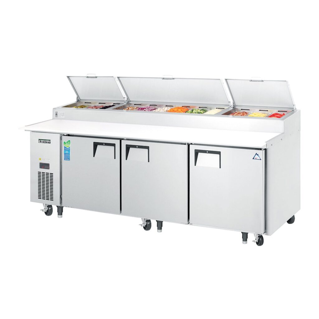 Everest EPPR3 93 1/8″ Stainless Steel Pizza Prep Table Refrigerator, 3 Solid Doors