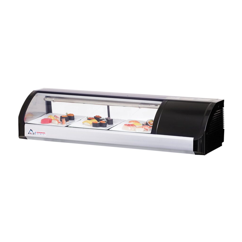 Everest ESC47R 47 1/4″ Black Refrigerated Curved Glass Sushi Display Case, Right Mounted, 2 Doors – 3 Pan Capacity