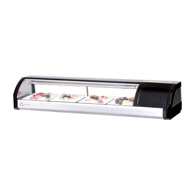 Everest ESC59R refrigerador de 59" de color negro con caso de exhibición de sushi con vidrio curvado, montado a la derecha, 4 puertas - capacidad para 4 bandejas