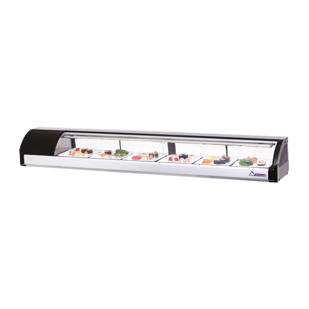 Everest ESC83L 82 5/8″ Black Refrigerated Curved Glass Sushi Display Case, Left Mounted, 4 Doors – 6 Pan Capacity