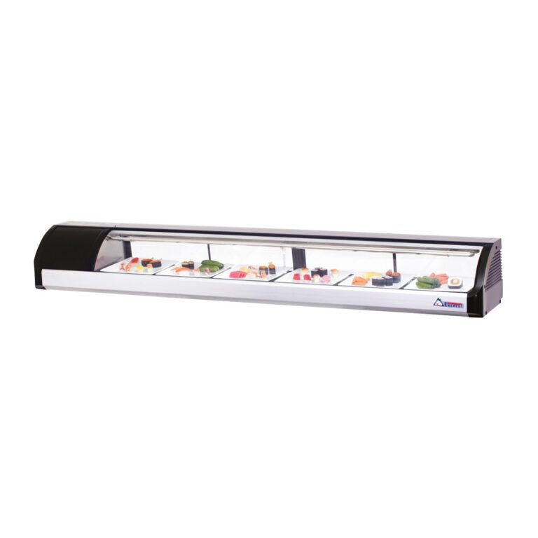 Everest ESC83L refrigerador de 82 5/8" de color negro con caso de exhibición de sushi con vidrio curvado, montado a la izquierda, 4 puertas - capacidad para 6 bandejas
