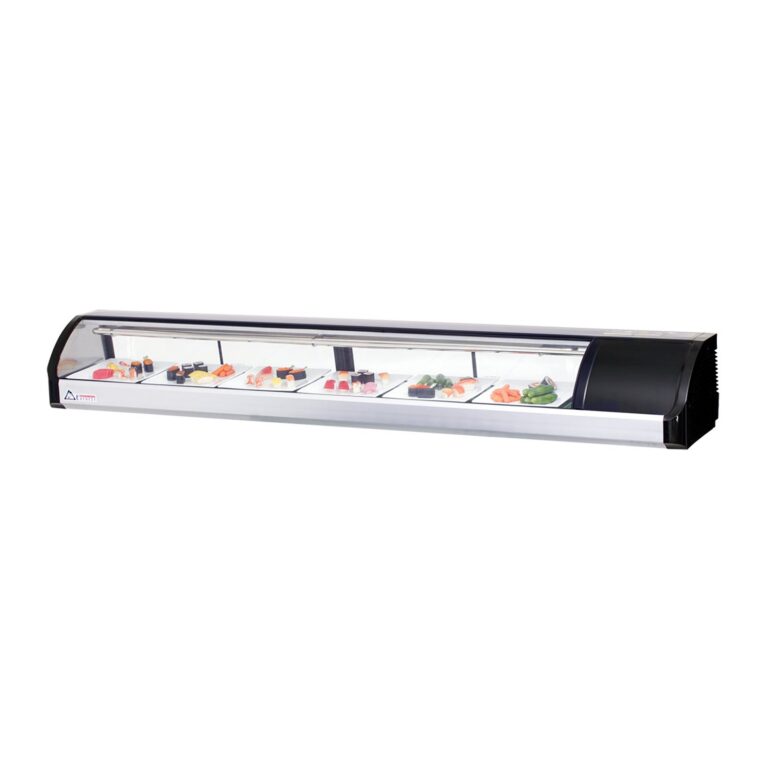Everest ESC83R refrigerador de 82 5/8" de color negro con caso de exhibición de sushi con vidrio curvado, montado a la derecha, 4 puertas - capacidad para 6 bandejas