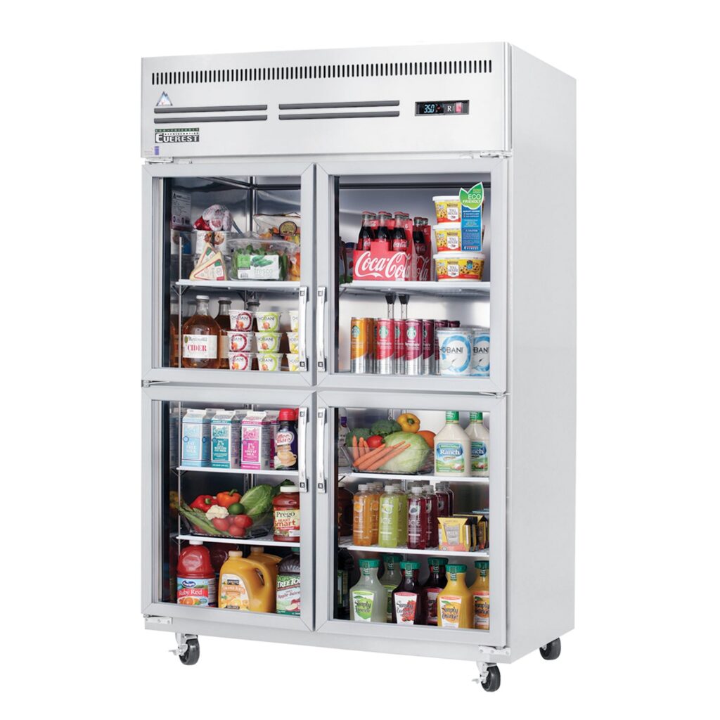 Everest ESGRH4 49 5/8″ Stainless Steel 48 cu. ft Reach-In Refrigerator, 4 Glass Half Doors, Top Mount