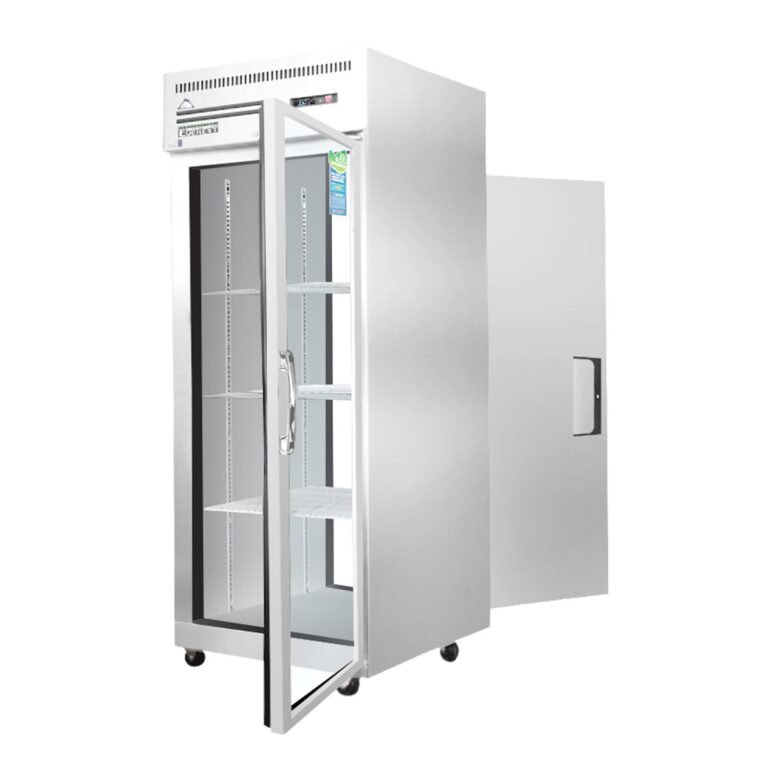 Everest ESPT-1G-1S 29 1/4" Acero Inoxidable refrigerador vertical, puerta de vidrio y puerta sólida de giro, diseño de paso, montaje superior