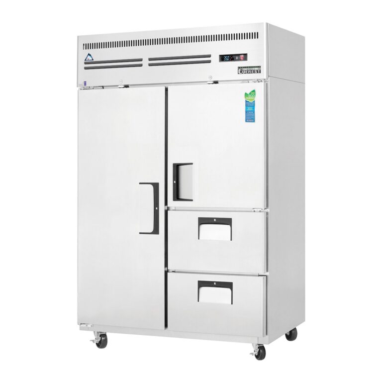 Everest ESR2D2 49 5/8" Acero Inoxidable refrigerador vertical, 1 puerta completa / 1 puerta sólida a la mitad / 2 cajones, montaje superior
