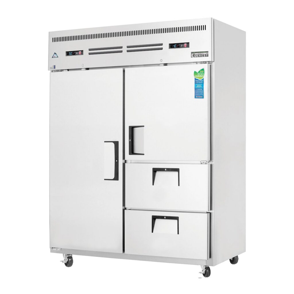 Everest ESWQ2D2 59″ Stainless Steel Reach-In Refrigerator/Freezer Combo, 1 Full / 1 Solid Half Door & 2 Drawers, Top Mount