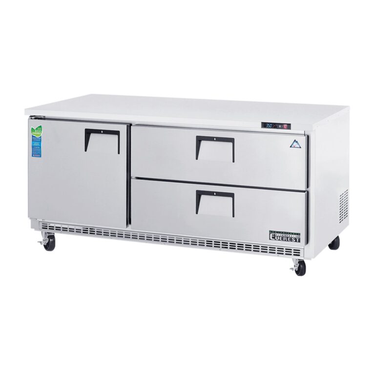 Everest ETBR3-D2 71 1/8" Acero Inoxidable 22 pies cúb. Refrigerador bajo mostrador, 1 Puerta Sólida & 2 Cajones