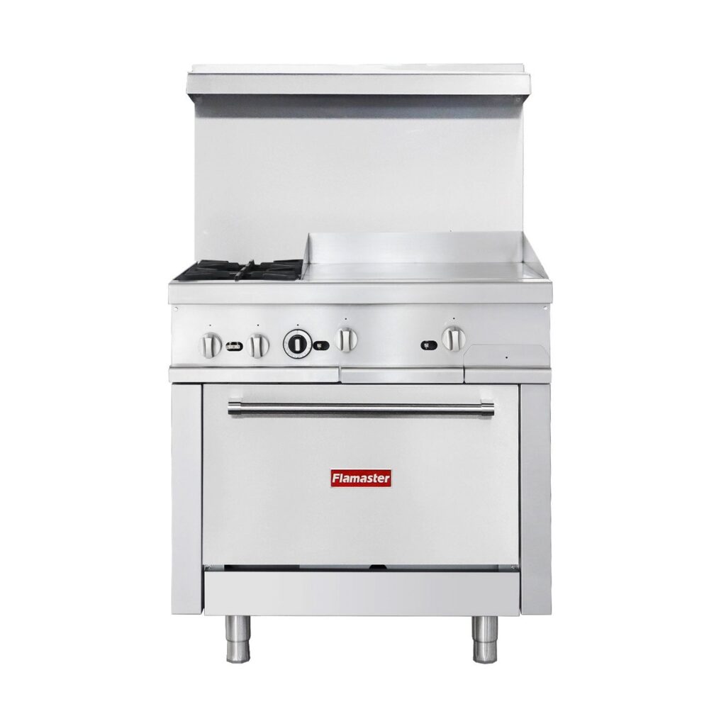 Flamaster FLM-R36-24MG 36” NG/LPG Commercial Gas Range, 2 Open Burners & 24” Griddle, Standard Oven, 153,000 BTU