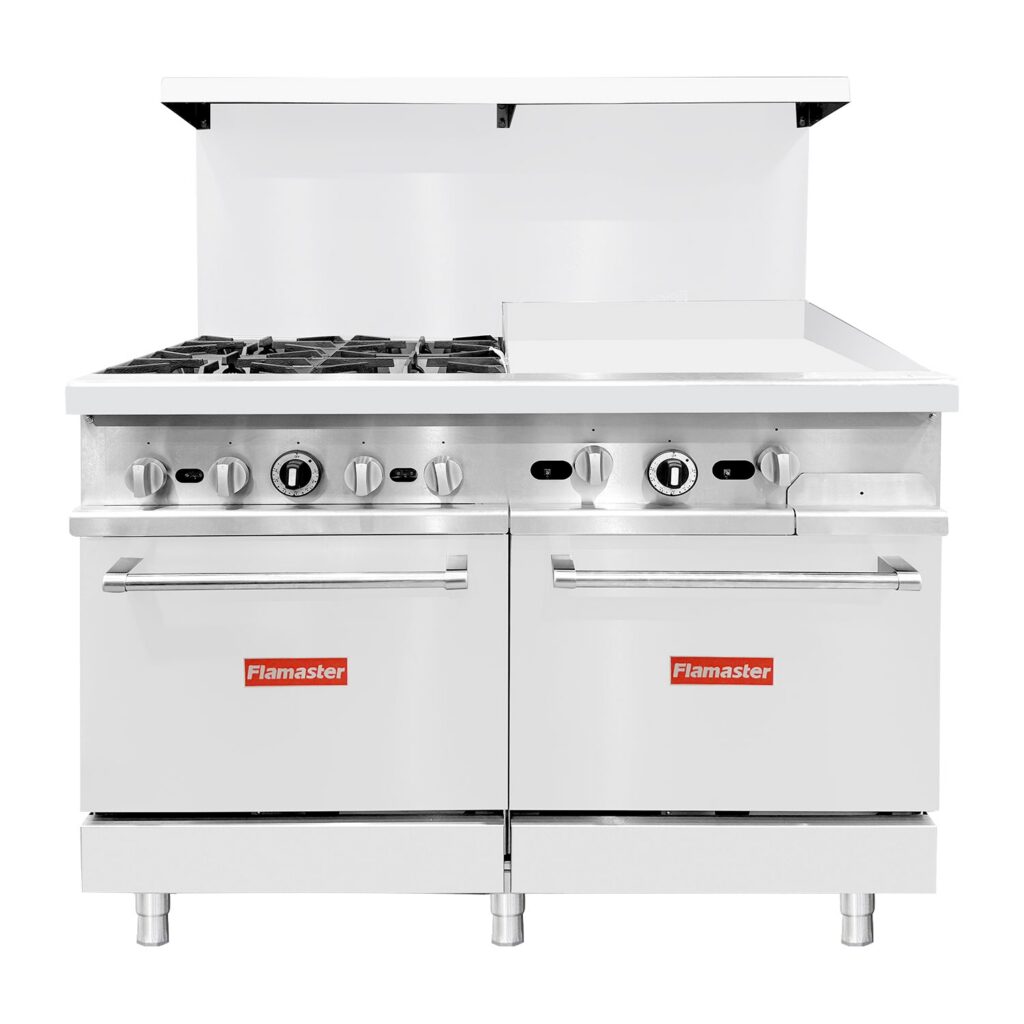 Flamaster FLM-R48-24MG 48″ NG/LPG Commercial Gas Range, 4 Open Burners, 24″ Griddle, and 2 Standard Ovens, 246,000 BTU