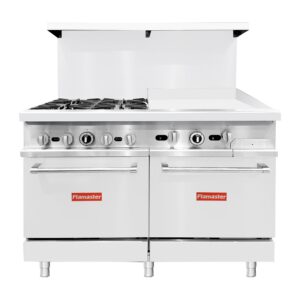 Flamaster FLM-R48-24MG 48″ NG/LPG Commercial Gas Range, 4 Open Burners, 24″ Griddle, and 2 Standard Ovens, 246,000 BTU