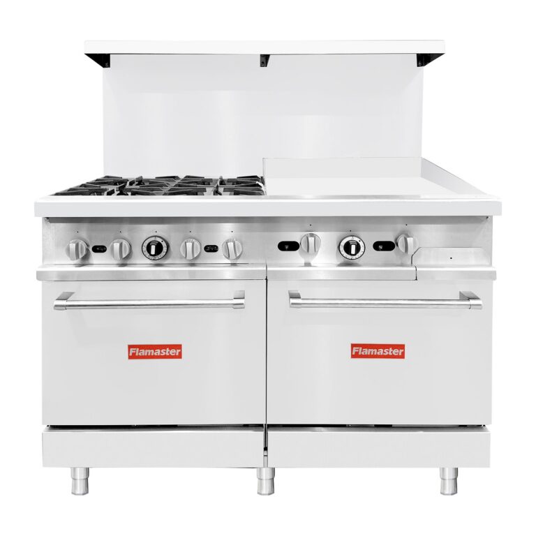 Flamaster FLM-R48-24MG 48″ NG/LPG Commercial Gas Range, 4 Open Burners, 24″ Griddle, and 2 Standard Ovens, 246,000 BTU