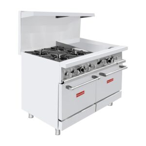 Flamaster FLM-R48-24MG 48″ NG/LPG Commercial Gas Range, 4 Open Burners, 24″ Griddle, and 2 Standard Ovens, 246,000 BTU