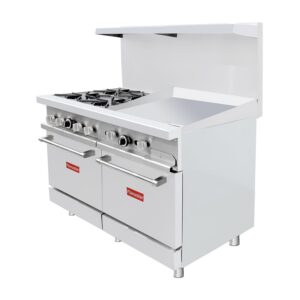 Flamaster FLM-R48-24MG 48″ NG/LPG Commercial Gas Range, 4 Open Burners, 24″ Griddle, and 2 Standard Ovens, 246,000 BTU