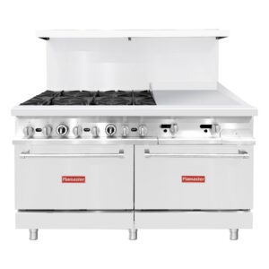 Flamaster FLM-R60-24MG 60″ NG/LPG Commercial Gas Range, 6 Open Burners, 24″ Griddle, and 2 Standard Ovens, 306,000 BTU