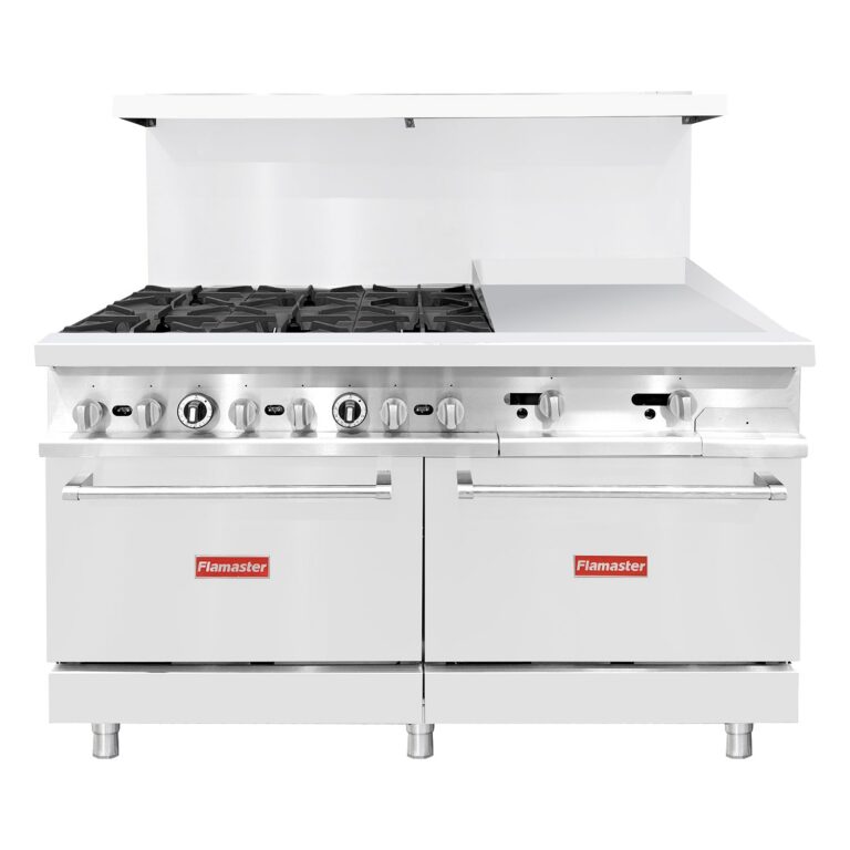 Flamaster FLM-R60-24MG 60″ NG/LPG Commercial Gas Range, 6 Open Burners, 24″ Griddle, and 2 Standard Ovens, 306,000 BTU