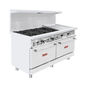 Flamaster FLM-R60-24MG 60″ NG/LPG Commercial Gas Range, 6 Open Burners, 24″ Griddle, and 2 Standard Ovens, 306,000 BTU