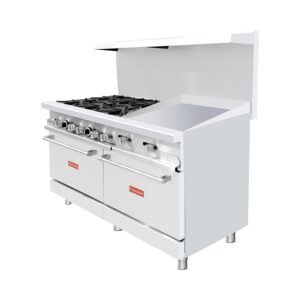 Flamaster FLM-R60-24MG 60″ NG/LPG Commercial Gas Range, 6 Open Burners, 24″ Griddle, and 2 Standard Ovens, 306,000 BTU