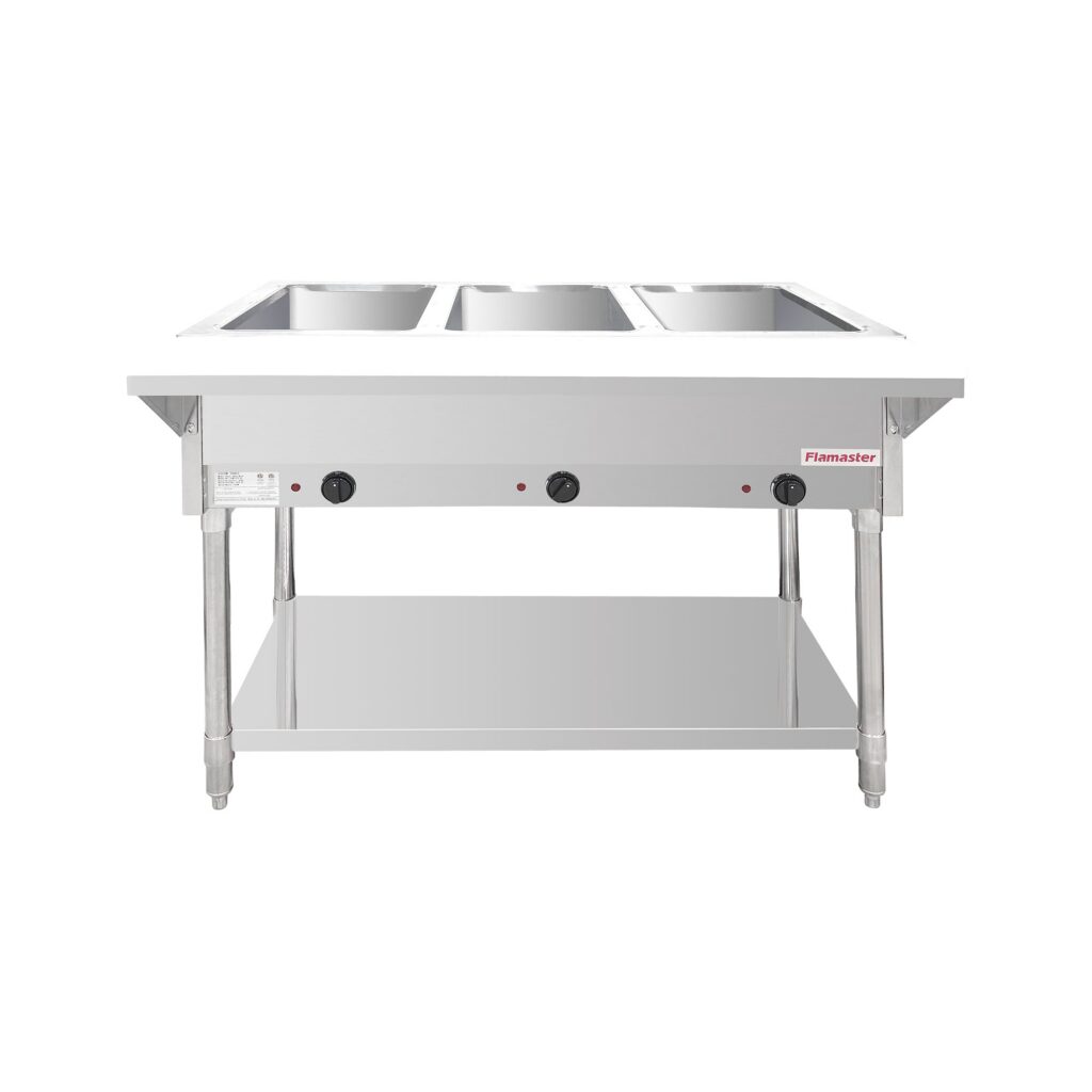 Flamaster FLM-ST3-SS Three Pan Open Well Electric Steam Table with Undershelf – 120V, 1500W