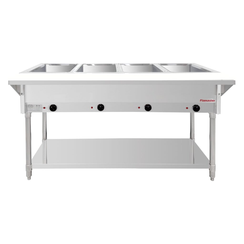 Flamaster FLM-ST4-SS Four Pan Open Well Electric Steam Table with Undershelf – 120V, 2000W