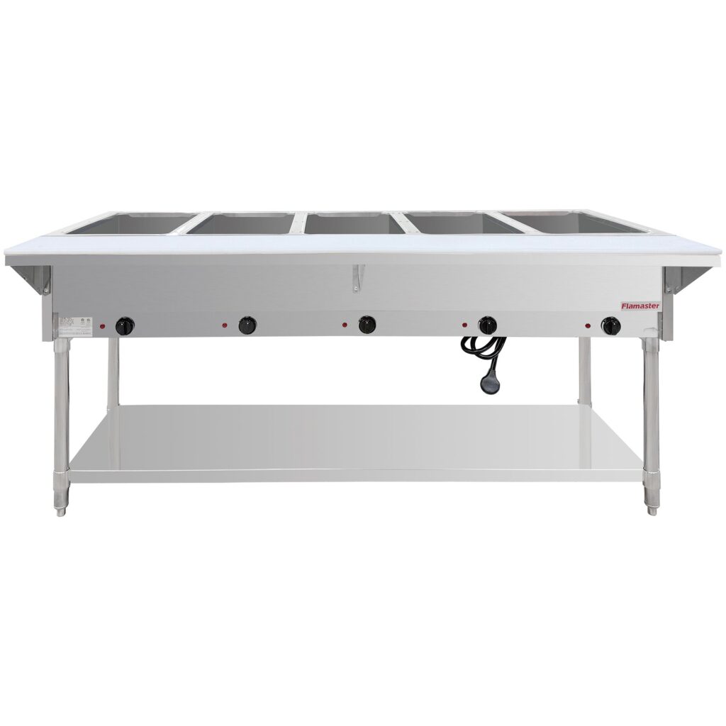 Flamaster FLM-ST5-SS Five Pan Open Well Electric Steam Table with Undershelf – 240V, 5000W