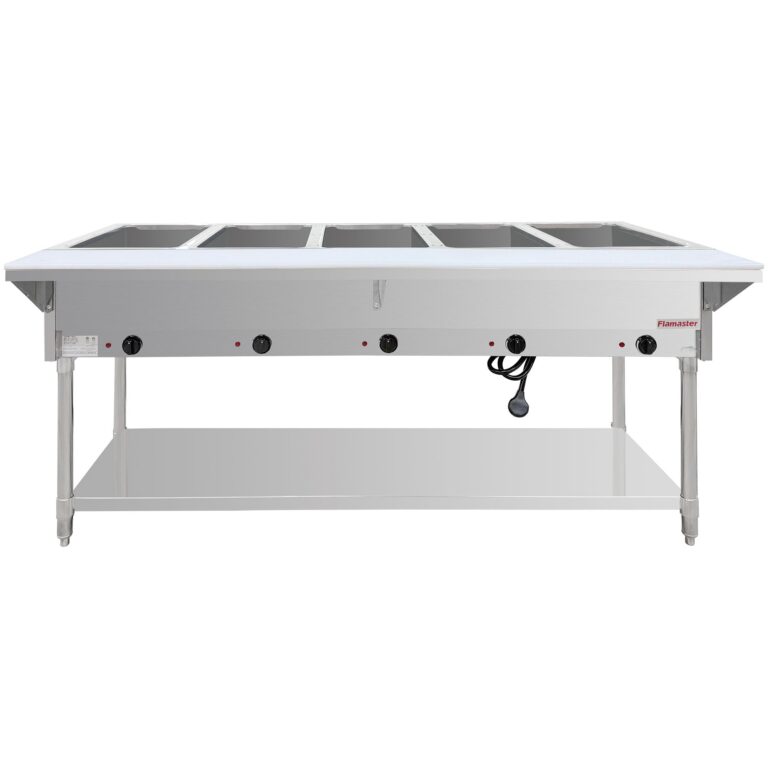 Flamaster FLM-ST5-SS Five Pan Open Well Electric Steam Table with Undershelf – 240V, 5000W