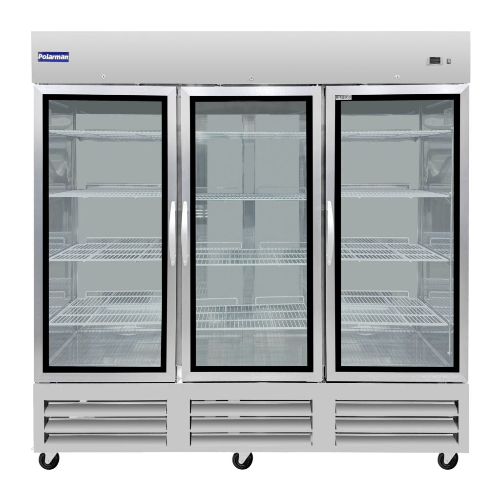 Polarman PLM-81RGS 81″ Reach-In Refrigerator with Triple Glass Doors with LED Lighting, Bottom Mount, Stainless Steel, 72 cu. ft.