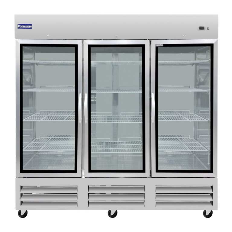 Polarman PLM-81RGS 81″ Reach-In Refrigerator with Triple Glass Doors with LED Lighting, Bottom Mount, Stainless Steel, 72 cu. ft.