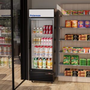 Polarman PLM-SGD28R 27 3/5″ Black Refrigerated Swing Glass Door Merchandiser with LED Lighting, 20.7 cu.ft（SS-P600WB）