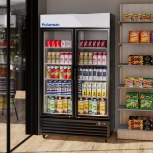 Polarman PLM-SGD44R 44 1/2″ Black Refrigerated Double Swing Glass Door Merchandiser with LED Lighting, 31 cu.ft（SS-P1000WB-A）