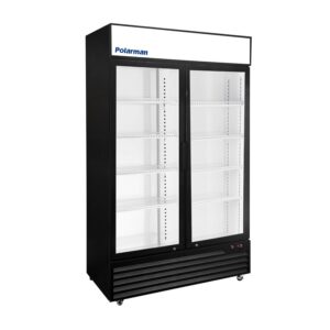 Polarman PLM-SGD44R 44 1/2″ Black Refrigerated Double Swing Glass Door Merchandiser with LED Lighting, 31 cu.ft（SS-P1000WB-A）