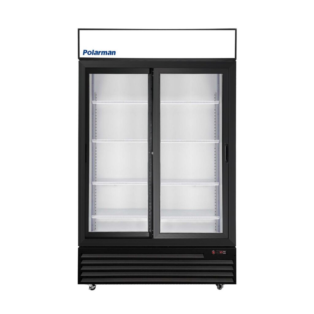 Polarman PLM-SGD44R-S 44 1/2″ Black Refrigerated Double Sliding Glass Door Merchandiser with LED Lighting, 31 cu.ft（SS-P1000WB-B）