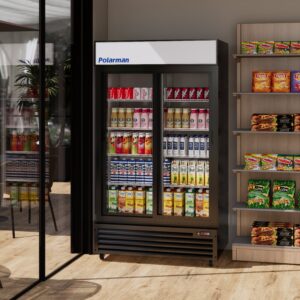 Polarman PLM-SGD44R-S 44 1/2″ Black Refrigerated Double Sliding Glass Door Merchandiser with LED Lighting, 31 cu.ft（SS-P1000WB-B）
