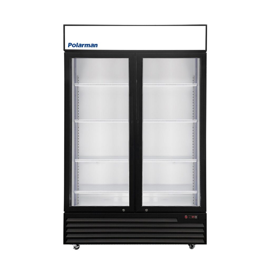 Polarman PLM-SGD52R 52 2/5″ Black Refrigerated Double Swing Glass Door Merchandiser with LED Lighting, 43 cu.ft（SS-P1400WA-A）