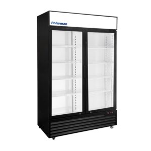Polarman PLM-SGD52R 52 2/5″ Black Refrigerated Double Swing Glass Door Merchandiser with LED Lighting, 43 cu.ft（SS-P1400WA-A）