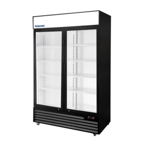 Polarman PLM-SGD52R 52 2/5″ Black Refrigerated Double Swing Glass Door Merchandiser with LED Lighting, 43 cu.ft（SS-P1400WA-A）