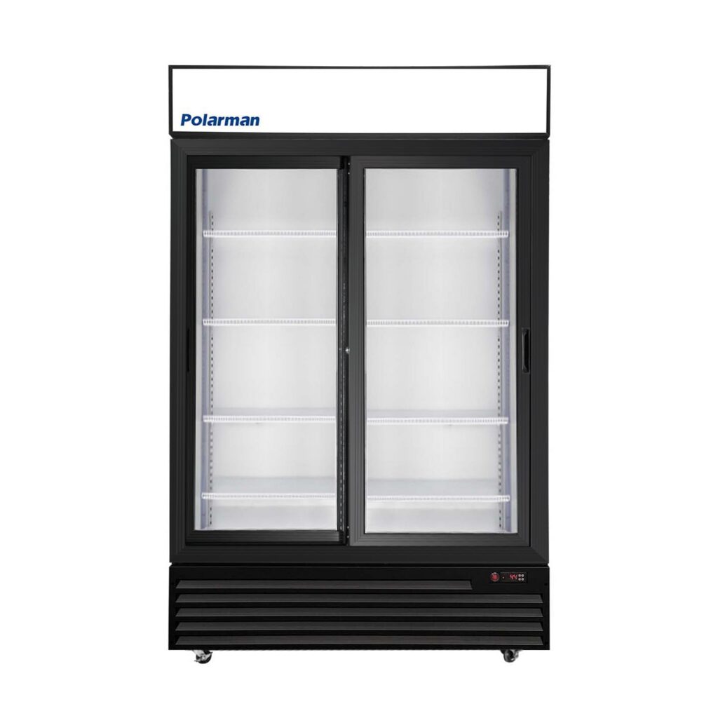 Polarman PLM-SGD52R-S 52 2/5″ Black Refrigerated Double Sliding Glass Door Merchandiser with LED Lighting, 43 cu.ft（SS-P1400WA-B）