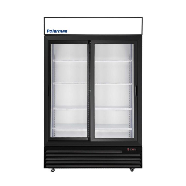 Polarman PLM-SGD52R-S 52 2/5″ Black Refrigerated Double Sliding Glass Door Merchandiser with LED Lighting, 43 cu.ft（SS-P1400WA-B）